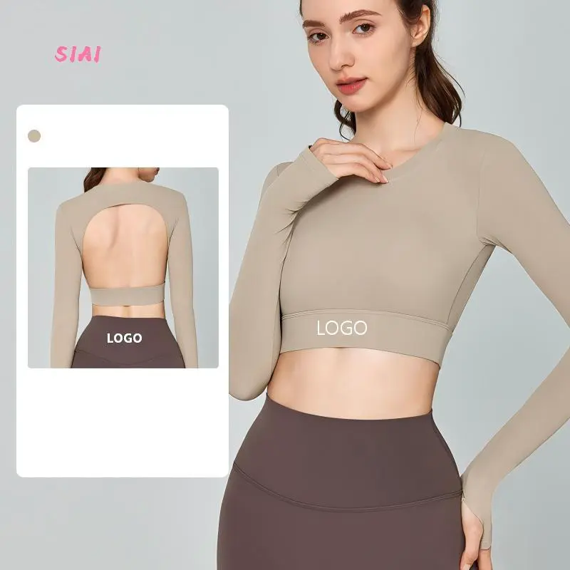 Sexy Hollow Back Long Sleeve Breathable Plus Size Women's Gym Yoga Pilates High Elasticity Padded Slim Fit Blank Luxury Crop