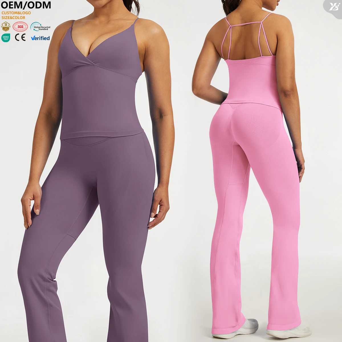 XW-3016-1Women Deep V Neck Cami Top Double Shoulder Strap Extended Hem Fitted Tank Top Stretchy for Gym Yoga Casual Wear
