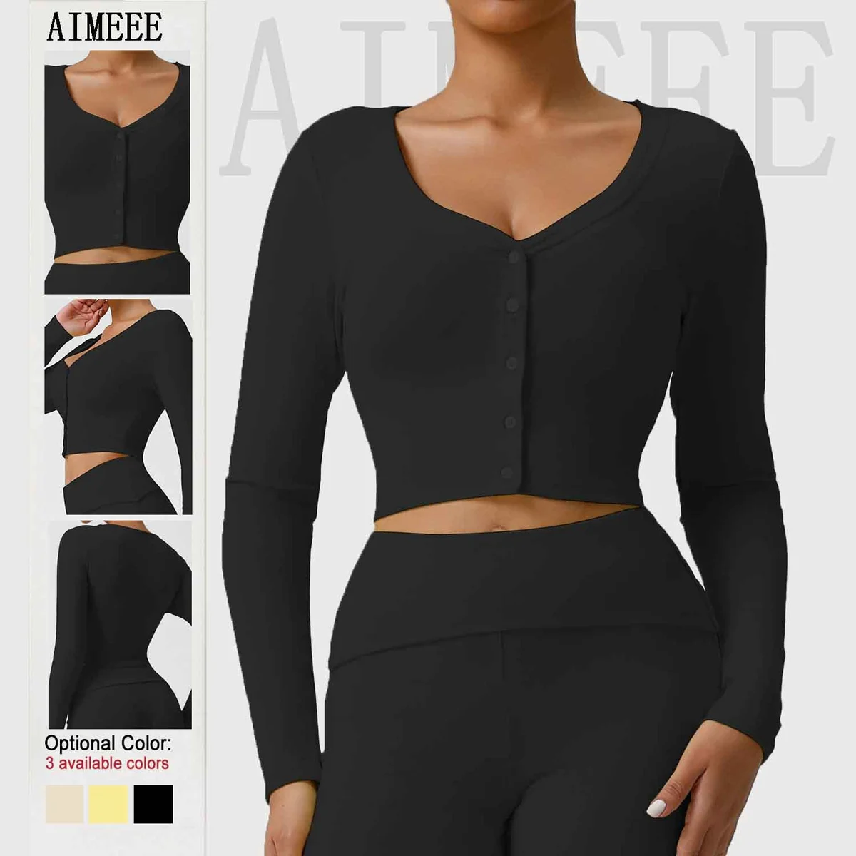 Womens Activewear Ribbed V-neck Crop Top Long-sleeve Cardigan Yoga Sports Tops for Women