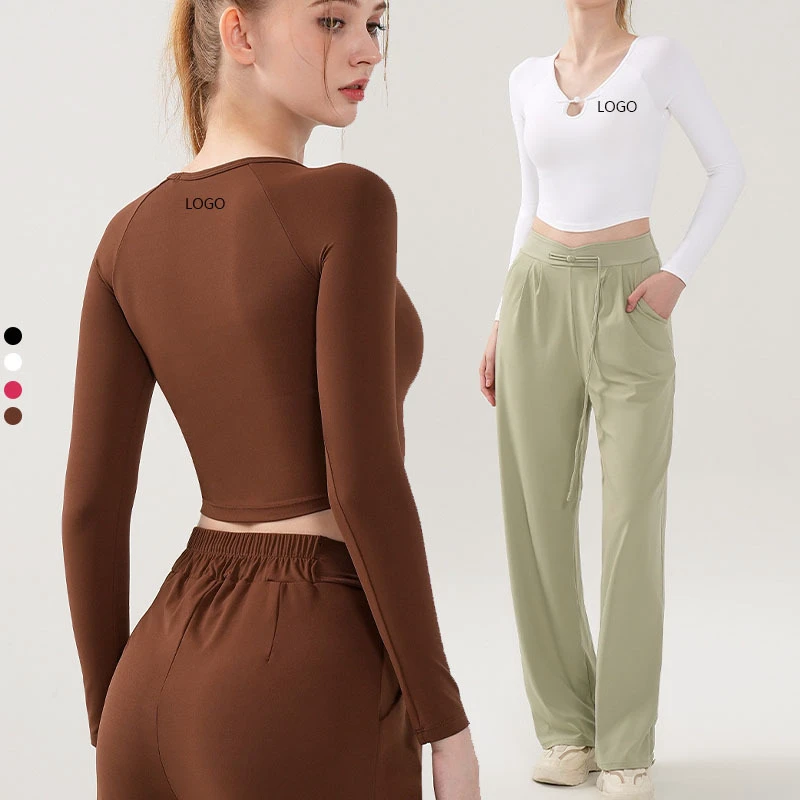 XW-MZ-192 Ready-made Custom logo Collar Design Buttoned Slim Fit Comfortable Women's Yoga Fitness Long Sleeve Tops