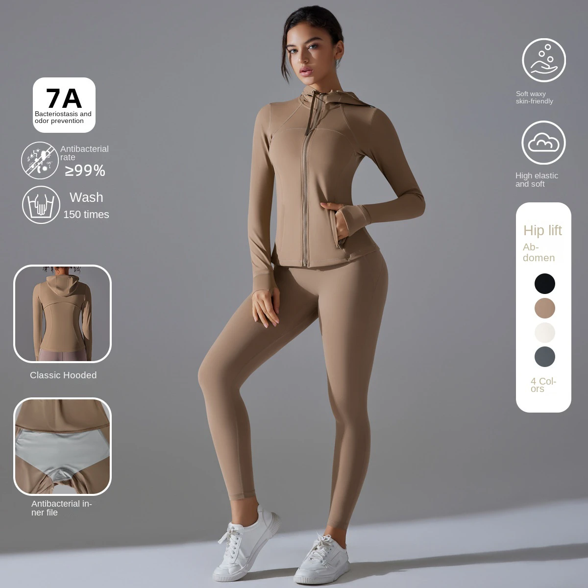 Solid Nylon Brocade Yoga Suit Elastic Waist Double-Sided Hooded Sports Jacket Running Fitness Breathable Lightweight Four-Way