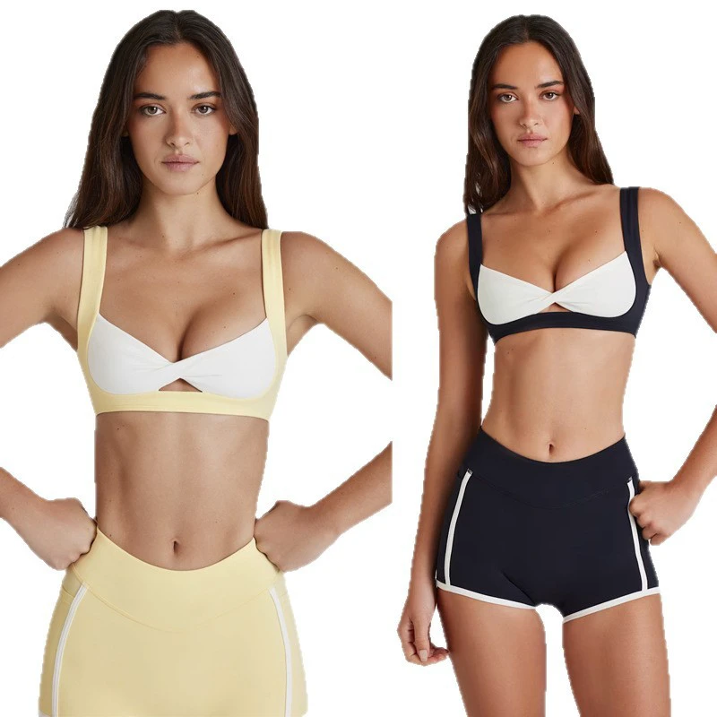 New European American Yoga Wear Color Blocking Built-in Chest Pads Quick-dry Spandex/Nylon Sports Bra High-elasticity Set