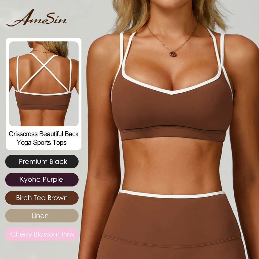 Double Shoulder Straps Sports Bras with Removable Chest Pad Gym Yoga Top Cross Back High Intensity Running Fitness Halter Bra