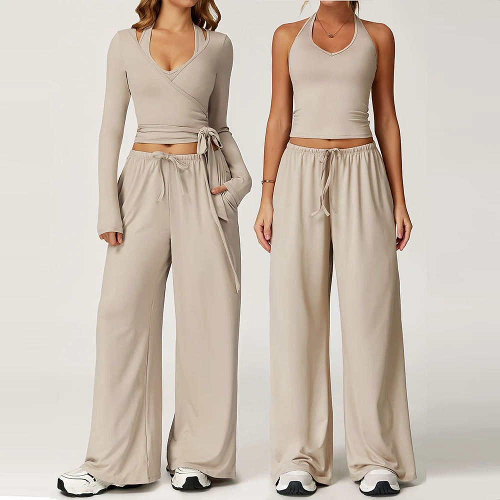 New Arrival Women's Solid Breathable 3-Piece Yoga Set Quick-Dry Wrap Tie Front Crop Top Halter Bra Wide Leg Pants Loungewear