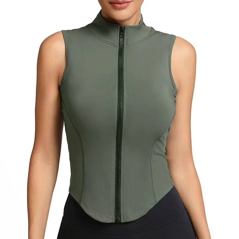 Vintage Slim-Fit Sweat-Absorbent Quick Dry Bow Collar Women's Sleeveless Zip-Up Sports Vest for Running Yoga