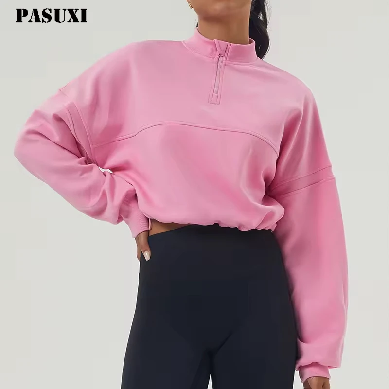 PASUXI 2025 Women's Sports Sweatshirt Jacket New Half Zipper Stand Collar Long Sleeve Loose Fitness Top Yoga Breathable