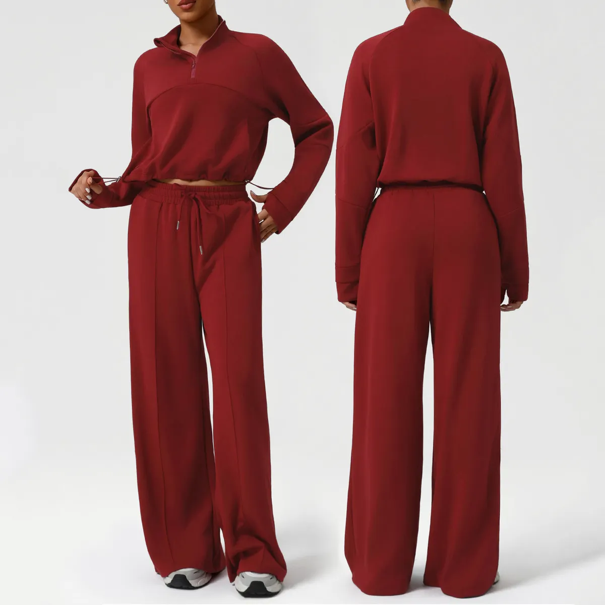 Women's Solid Knitting Long High Waist Casual Wide Leg Sweatshirt Pants Autumn Winter Windproof Yoga Sports Two Piece Suits