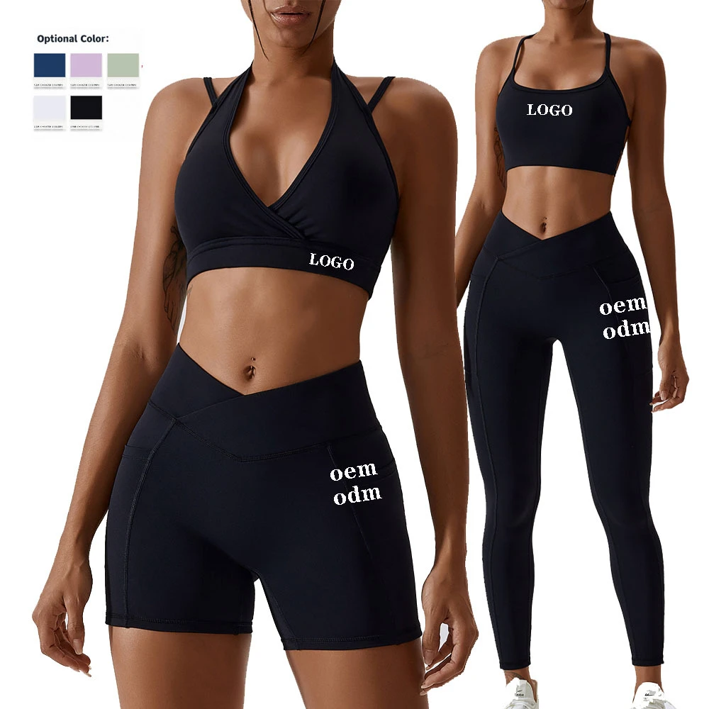 Custom Made Women Yoga Gym Fitness Sets 5 Piece Yoga Tights Sportswear Athleisure Workout Yoga Bra Short Leggings Set for Women