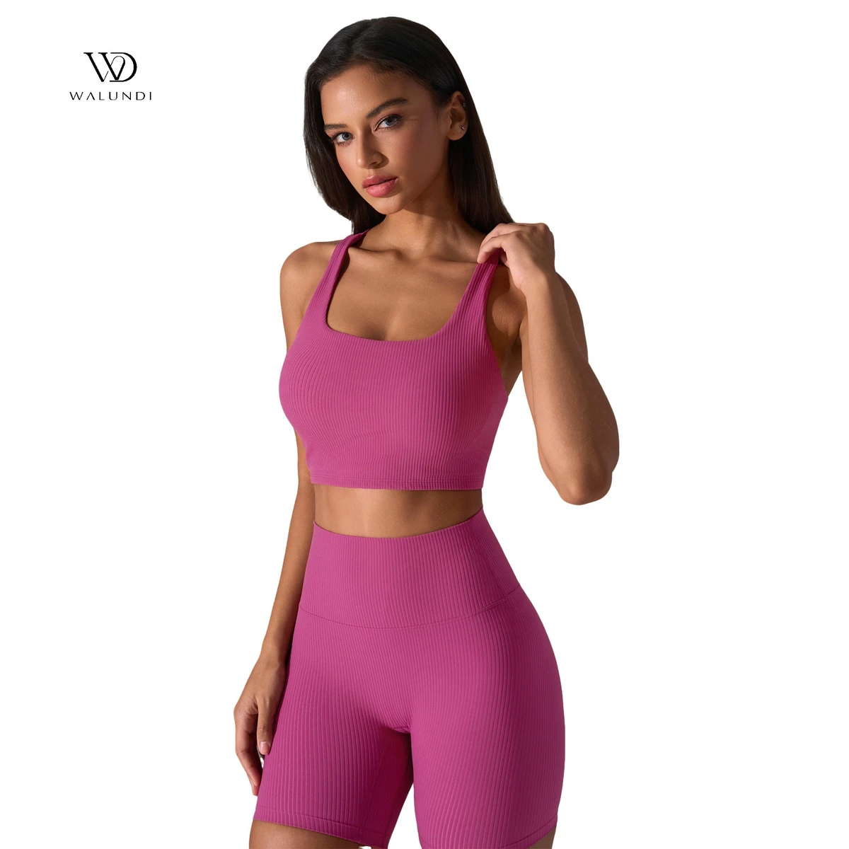 Yoga Suit Ribbed Style Women's High Elasticity Simple Yoga Set Shockproof Gathering Sports Bra High Waist Hip Lifting Yoga Pants