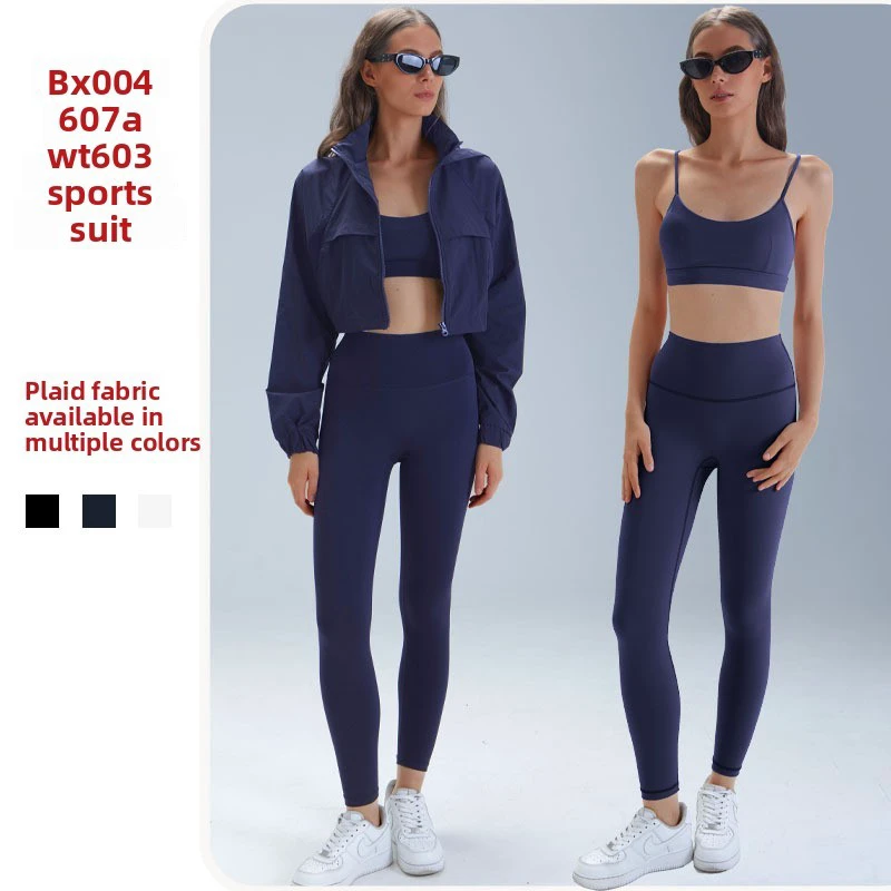 Solid Breathable Wrinkle-Resistant Spandex/Nylon Silk Screen Printed Yoga Set Zippers Slim-Fit 3-Piece Full-Length Yoga Fitness