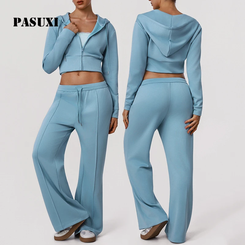 PASUXI Breathable Solid Loose Fit Zip Hoodie Yoga Set High Waisted Pocket Wide Leg Pants Sportswear Two Piece Tracksuit