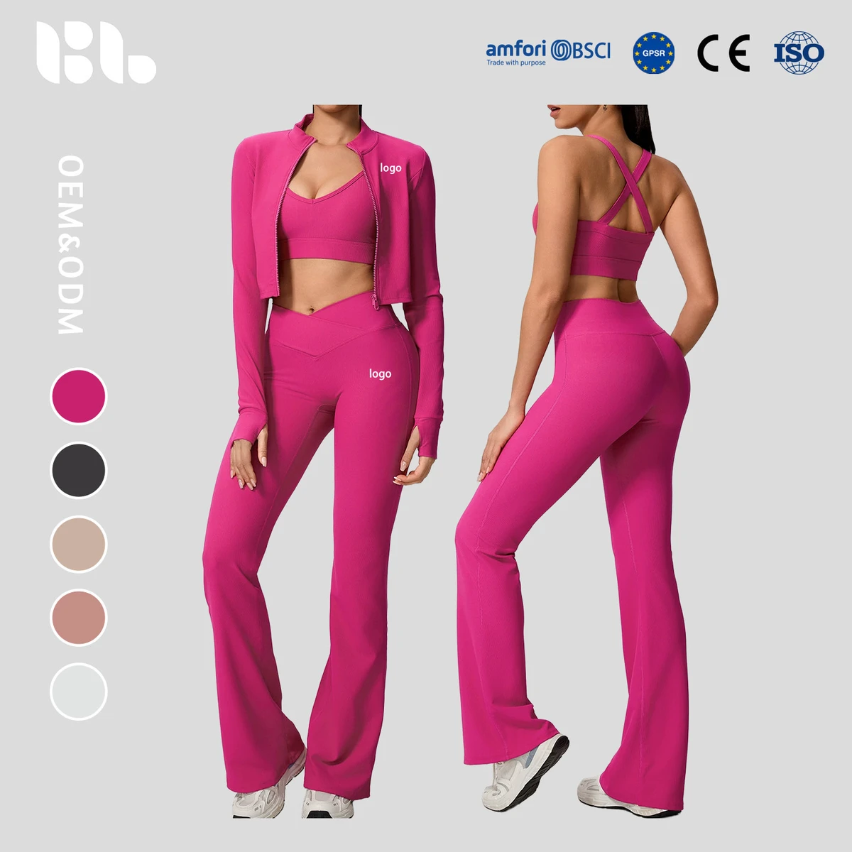 Sexy Cross Back 2-Piece Fashion Sports Outdoor Fitness Breathable Solid Zipper Jacket Wide Leg High Waist Trousers Yoga Suit