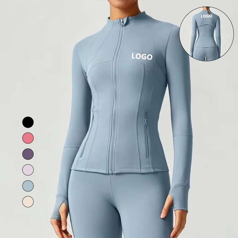 Lulu Yoga Jacket Women's Four-Way Stretch Collar Slim Top Zipper Fitness Long Sleeve Sweat-Wicking Solid Front Logo Naked Sports