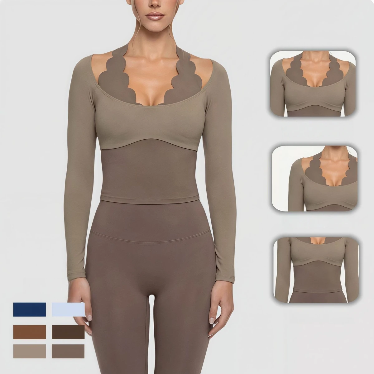 Women Halter Long Lace Blouse Color Block Yoga Suit Slim Breathable 2 Piece Sports Workout Fitness Set