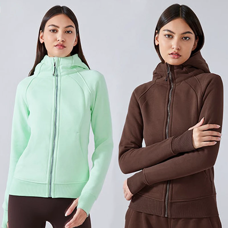 Women Winter Warm Windproof Slim Fit Breathable Hooded Fleece Sports Wear Yoga Zipper Jackets Long Sleeve Outdoor Fitness Coat
