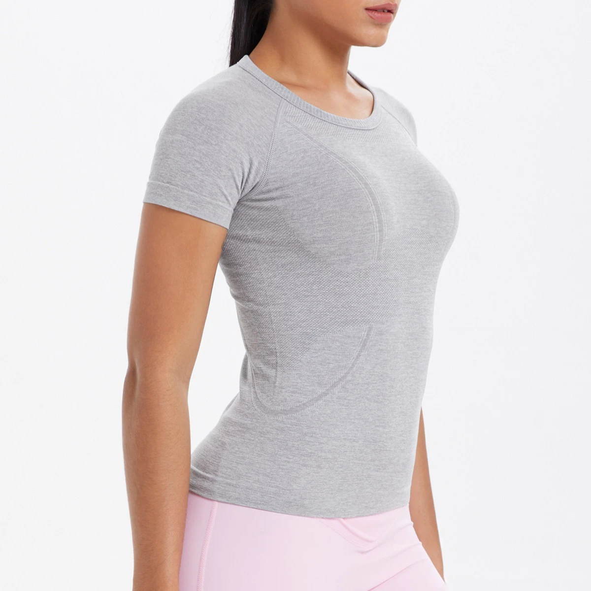 Women's Nylon Seamless Breathable Tight Short-Sleeved T-Shirt Pure Color Sports Fitness Yoga Top Plus Size Front Knitted Design