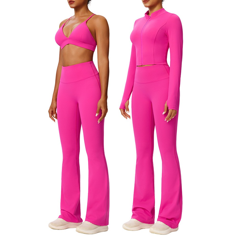 European American Yoga Suit Women's High Elastic Tight Sports Suit Naked Breathable Outdoor Running Fitness Three-piece Suit