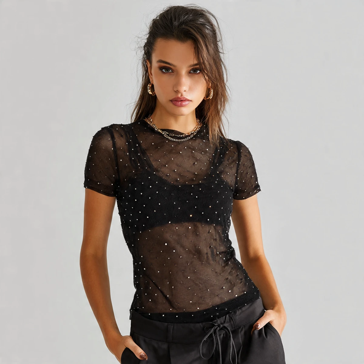 Wholesale Rhinestone Sheer Mesh Tee Shirts Women Quick Dry Transparent T Shirt Women's Custom Rhinestone See Through Tee