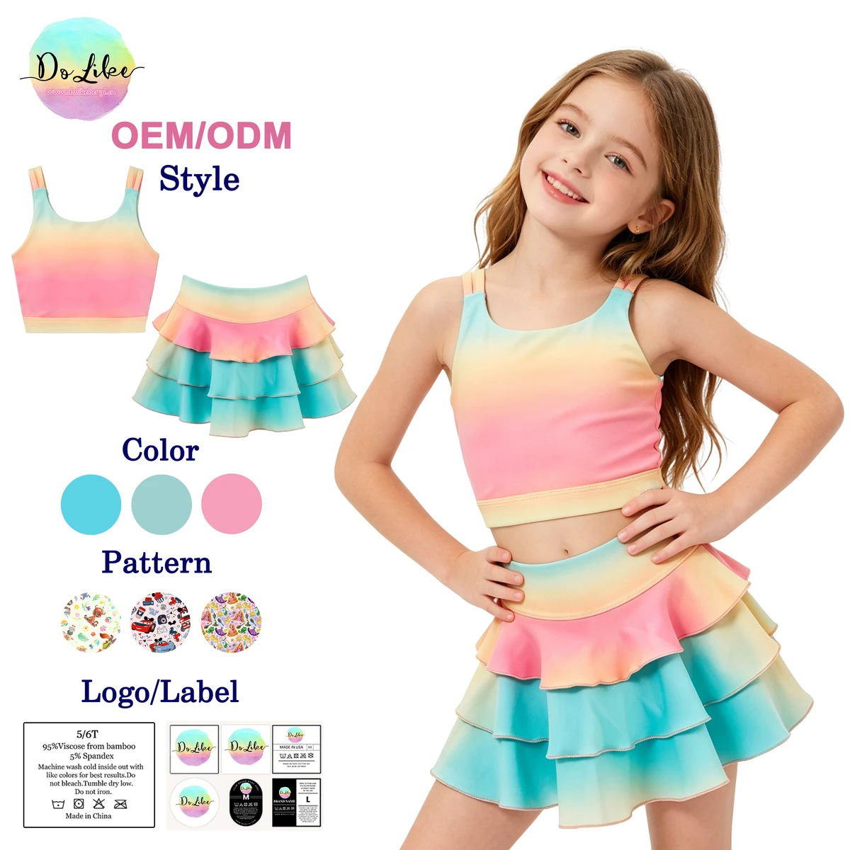 Rainbow-colored Sleeveless Kids Yoga Dress Three-tiered Ruffled Skirt Baby Girls Athletic Yoga Wholesale Boutique Activewear