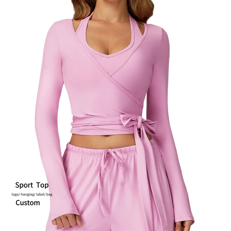 Women Tie Front Wrap Tops Long Sleeve Shrugs Crop Cardigan Yoga Ballet Cover up Tops Pilates Outfits Soft Sport Shirt