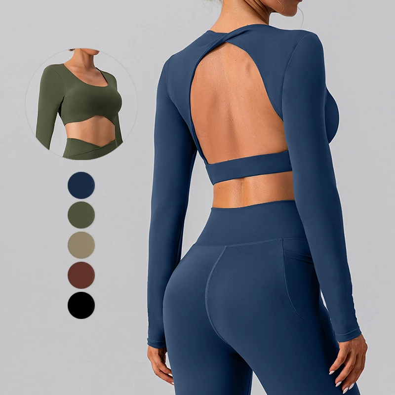 YIYI Autumn Winter Toplook Backless Crop Top Yoga Sport Bras Long Sleeve Fitness T Shirt Women Quick Dry Breathable Tops