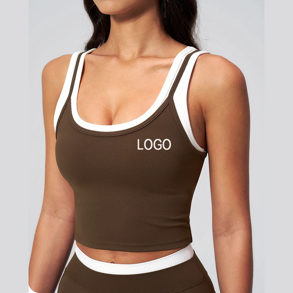 Custom New Design Fake Two-piece Set Breathable High Support Women's Yoga Bra Spandex/Nylon Sports Tank Top Running Top