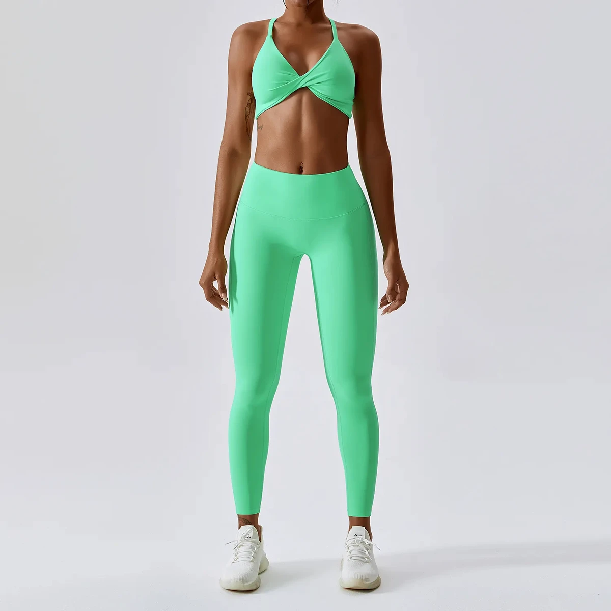 Wholesale Custom High Waist Shorts Light Support Gym Bra Set Strappy Twist Front Yoga Bra Suit With Logo for Girls for Running