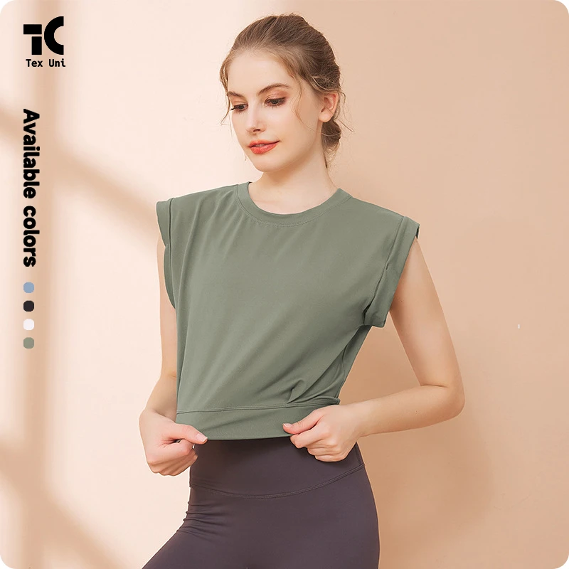 Summer Breathable Loose Crew Neck Sleeveless Crop Waist Cinching Hem Front Logo Fashionable Sports Fitness Training Yoga Top