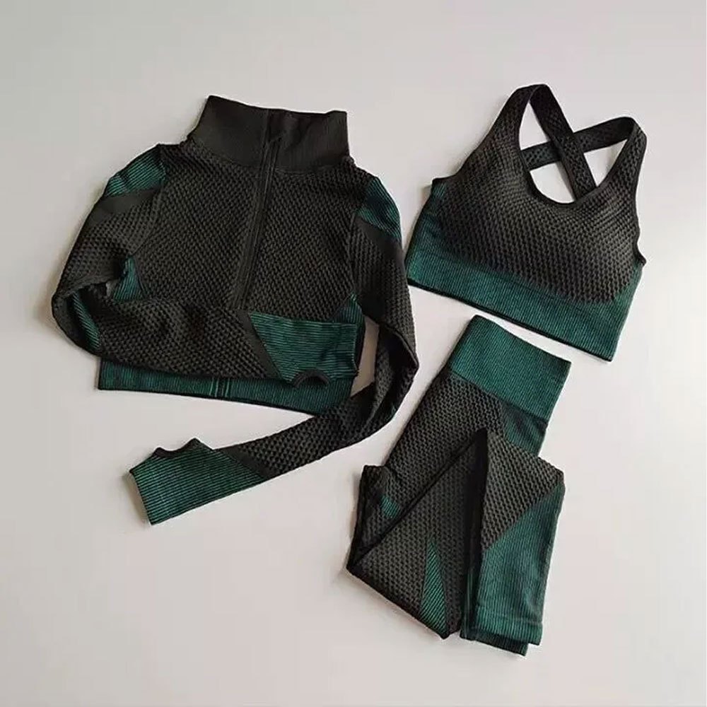 Women 3 Piece Yoga Set High Neck Crop Top Crisscross Bra Full Length Leggings Breathable Mesh Activewear Seamless Workout Outfit