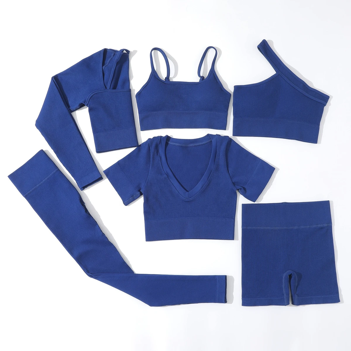 Wholesale Athletic Activewear Gym Fitness Sets 6 Pieces Ribbed Seamless Fitness Yoga Wear Running Suit Sportswear Women