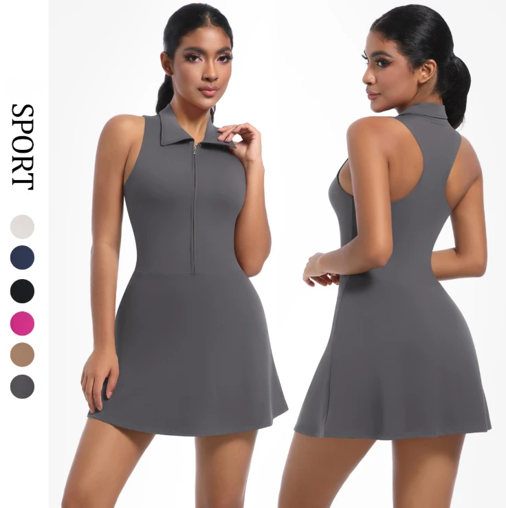 Nude Half Zipper Slimming Yoga Sports Jumpsuit Tennis Dress Women Outdoor Running Fitness Jumpsuit Skirt with Inner Short