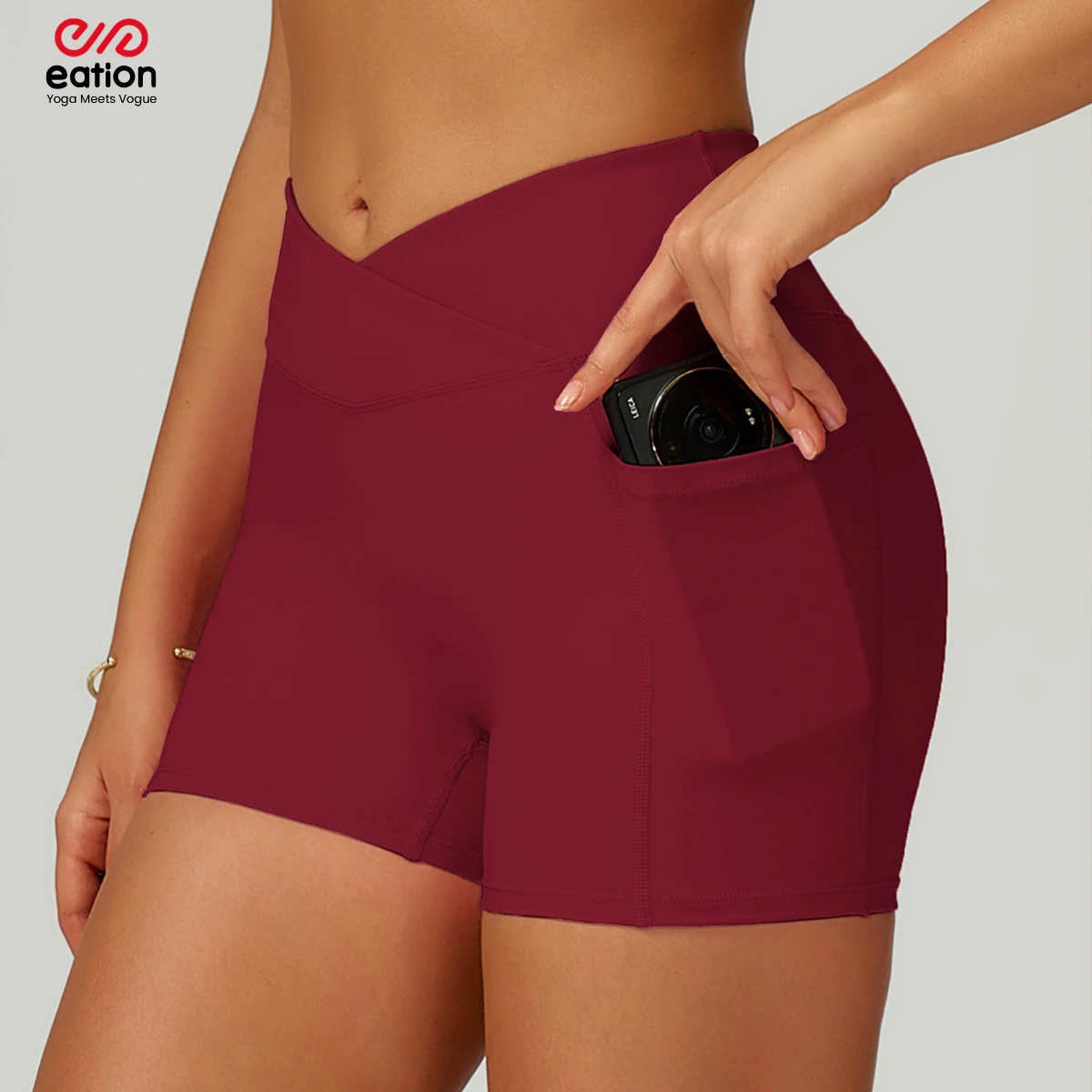 Women Crossover Waist Biker Shorts Side Pockets High Waisted Yoga Shorts Naked Feel Butt Lift Nylon Spandex Gym Fitness Shorts