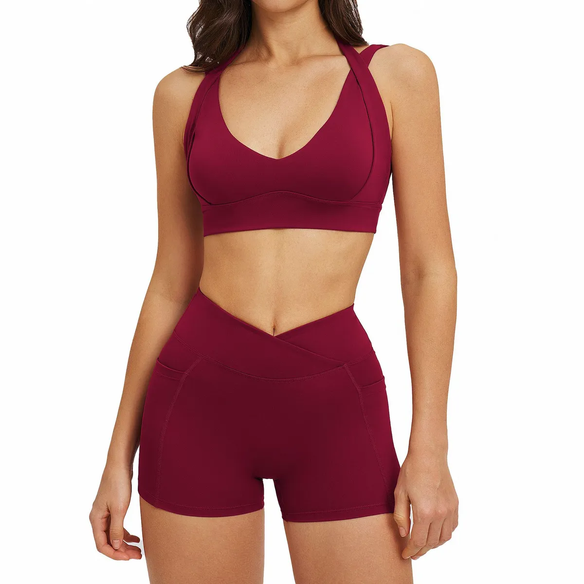 High Quality Breathable Workout Sets for Women 2 Piece Sleeveless Halter Double Strips Bra with Shorts Athletics Gym Yoga