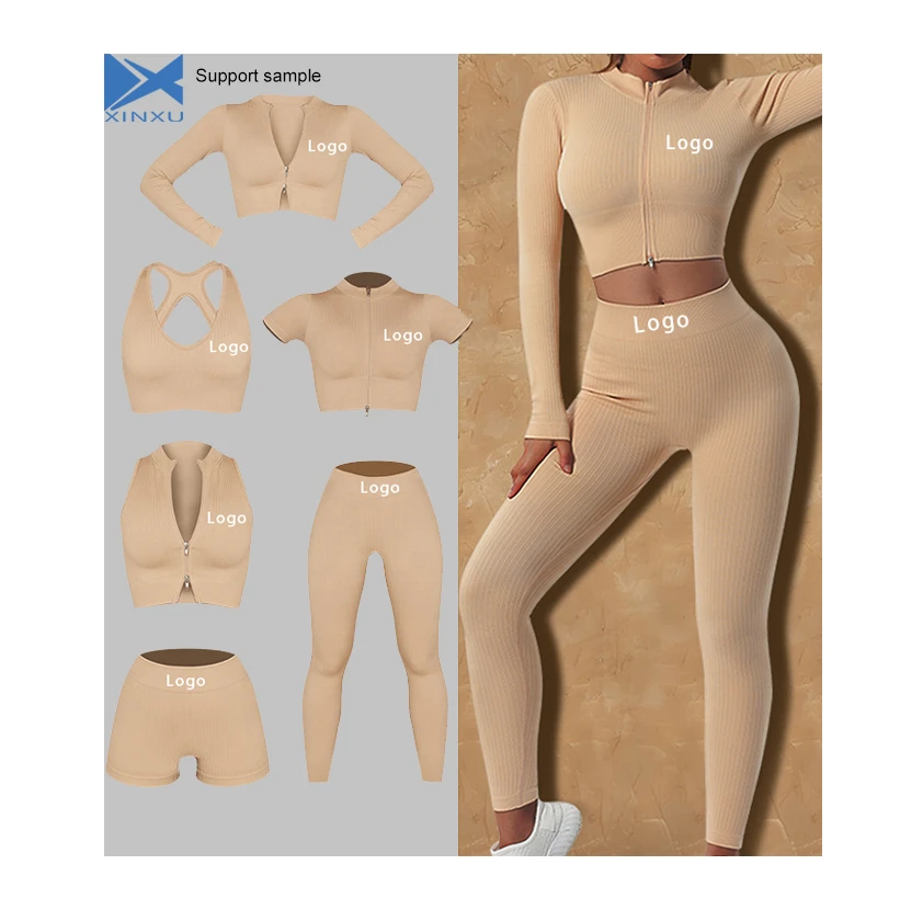 XINXU 2024 Custom Logo Yoga 6 Pieces Sets Seamless Ribbed Zipper Gym Fitness Sports Bra Top and Leggings Sets