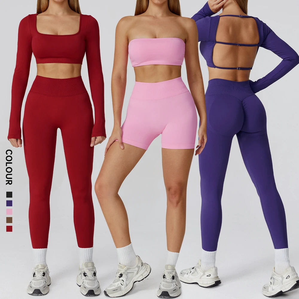 SHINBENE Women 5Pcs Sexy Seamless Tube Sports Bra Booty Scrunch Leggings Matching Set Yoga Outfits Workout Sets for Women