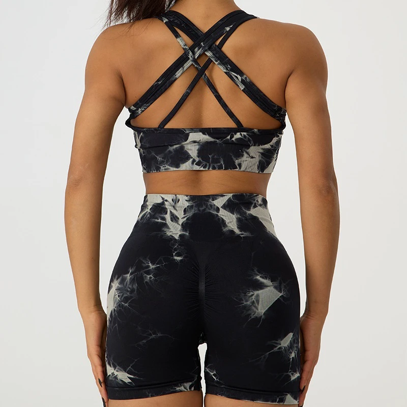 Summer Tie-Dye Solid Breathable High-Waisted Elastic Waist Yoga Suit 2-Piece Set Women's Fitness Tight Shorts