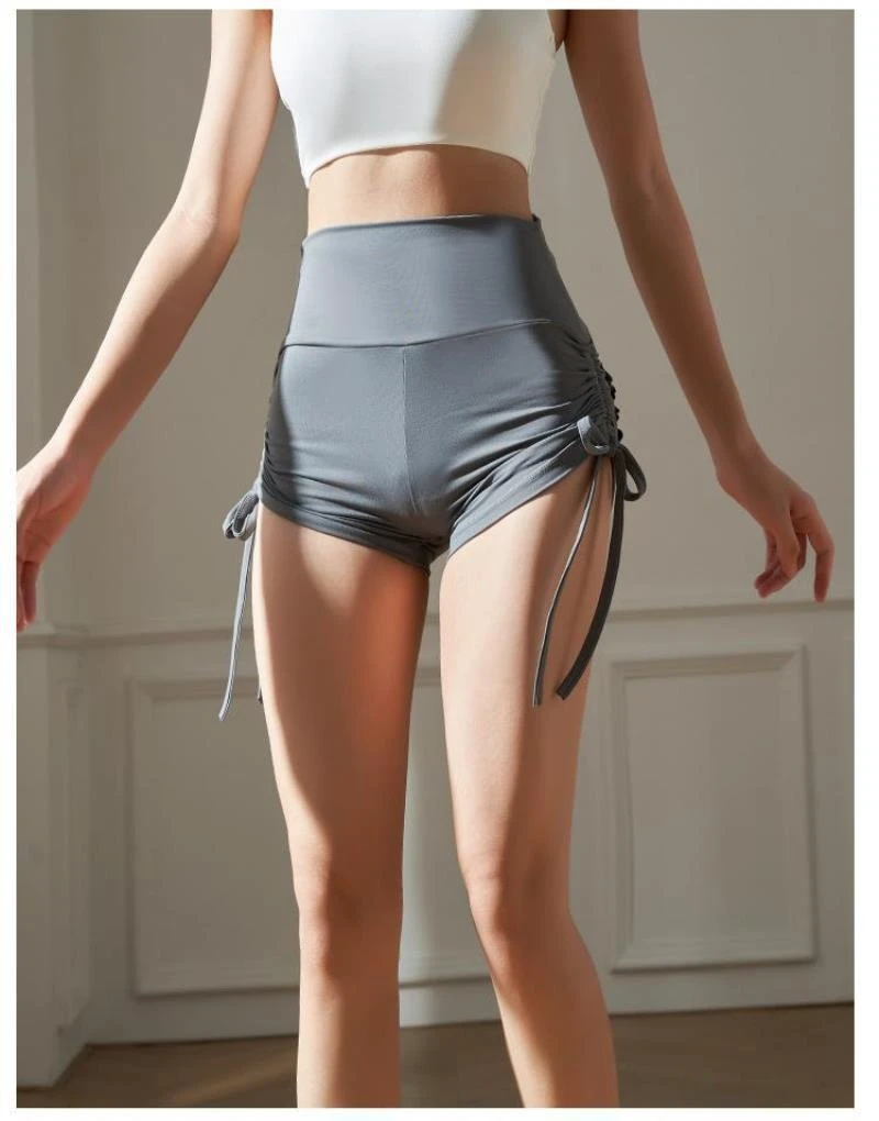 Women's High-Waist Yoga Leggings Lace Stretch Booty Pocket Adjustable Side Ties Solid Color Yoga Shorts