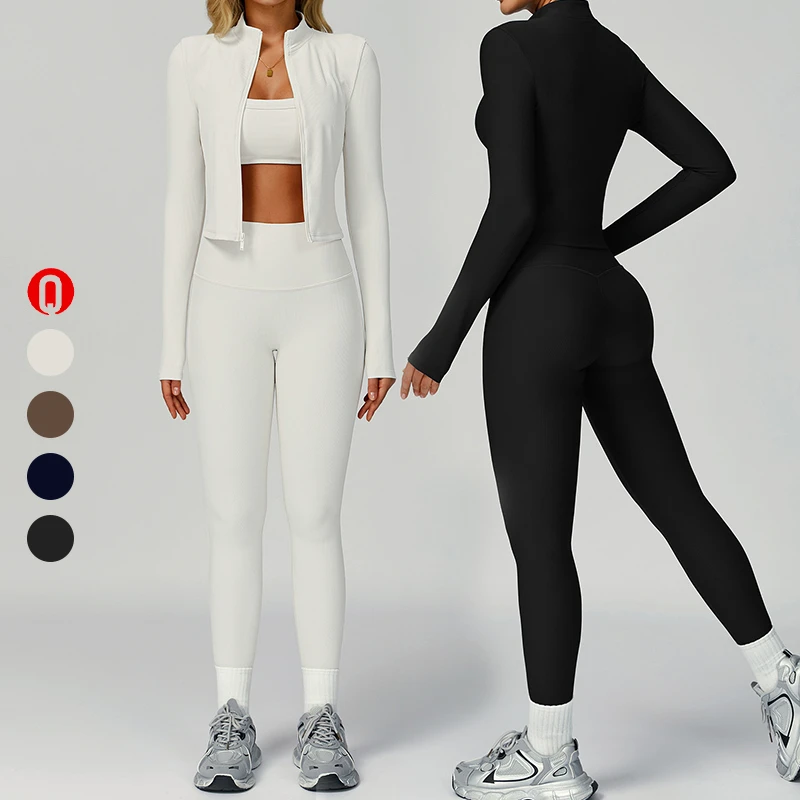 3 Piece Rib Hot Gym Performance Pilate Spandex Long Sleeve Jacket Women High Quality Active Wear Legging Sets With Sports Bra