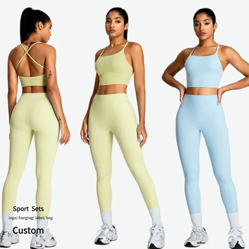 Wholesale Cross Straps Running Bra Sets Yoga Set Riding Leggings Women Workout Clothing Two Piece Gym Fitness Sportswear
