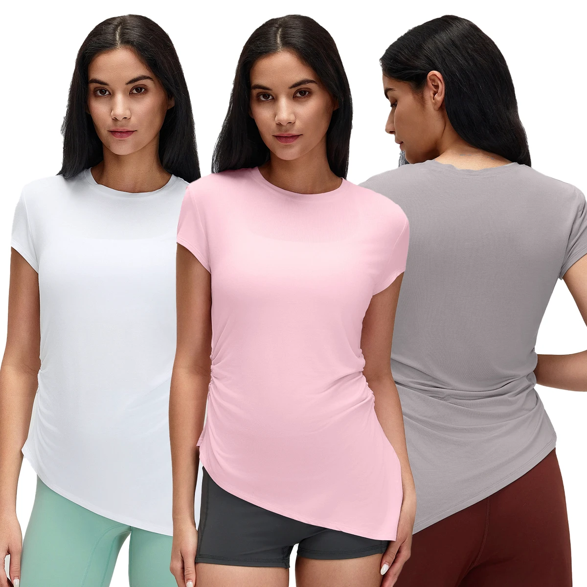 2026 Summer Women's Slim Fit Round Neck Solid Color Running Top Waist Pleated Breathable Quick Dry Yoga Short Sleeve T-Shirt