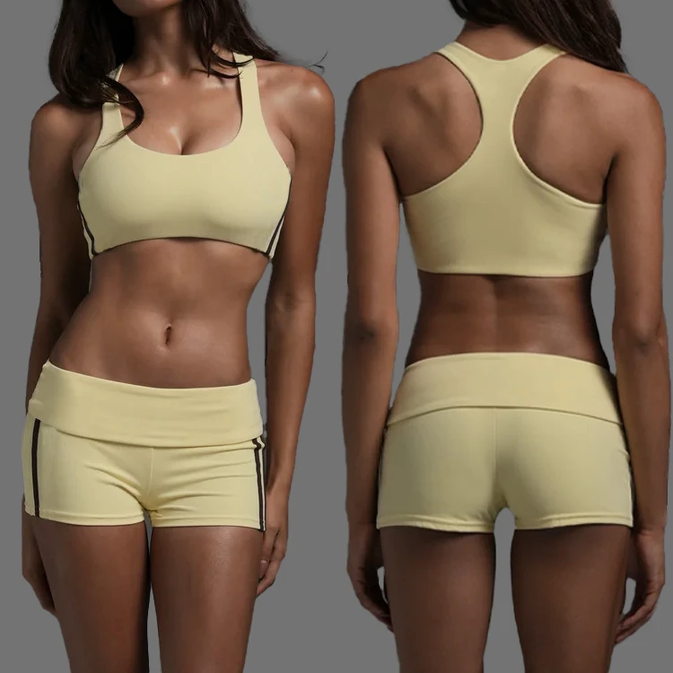 Contrast Binding High Support Bra Breathable High Elasticity Wrinkle Shorts Pilates Recycled Fabric Women Yoga Set