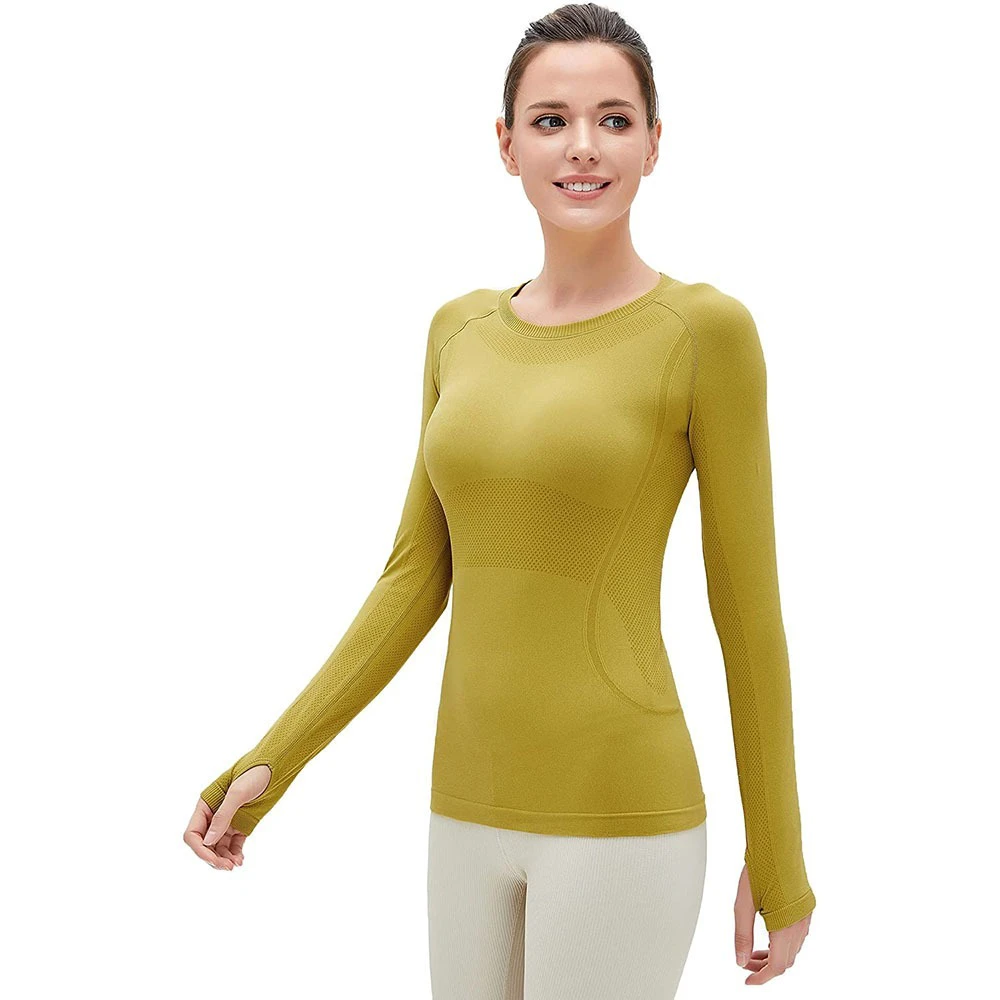 Women's Seamless Long Sleeve Yoga Top Breathable Athletic Gym Wear Sports Running Slim Fit Compression Shirt Washed Set