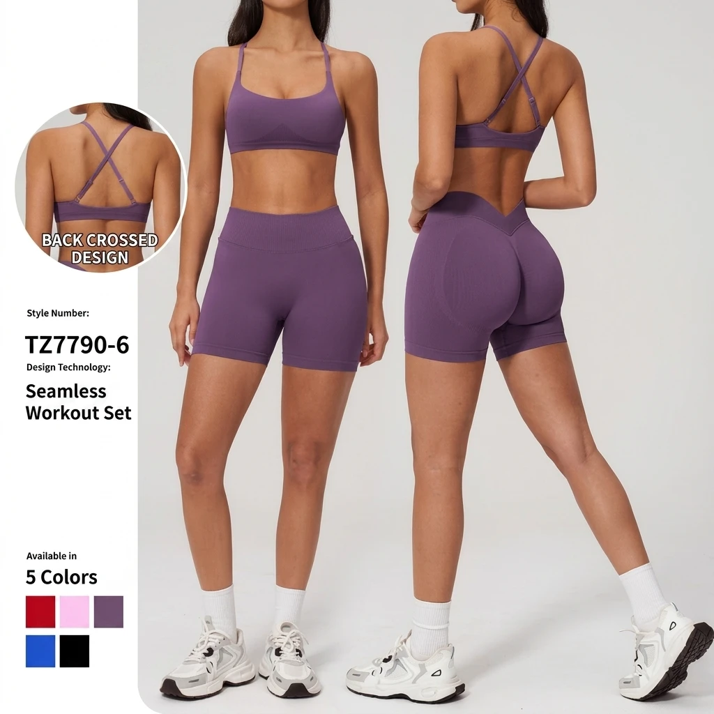 Seamless Yoga Set for Women Off-Shoulder Breathable Shorts Quick-Drying 2-Piece Eco-Friendly Sports Outfit with Four-Way Stretch