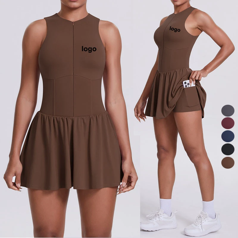 Custom Women's Sportswear Logo Tennis Dress Sleeveless Zipper Pleated Dresses with Anti Peeking Shorts Yoga Clothes for Women