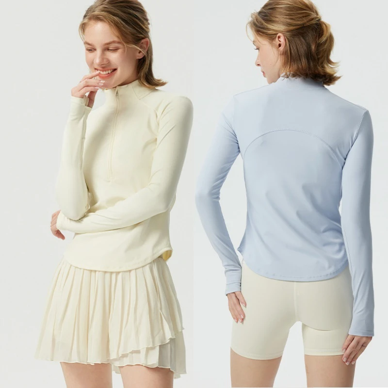 Aoyema Women's Stand-up Collar Half Zip Coat Yoga Long Sleeve T-Shirt Gym Riding Running Short Slimming Quick Dry Sports Jacket