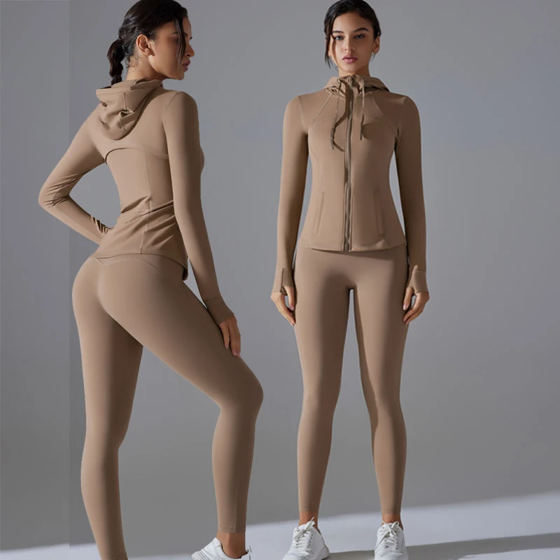 Wholesale Women's Double-Sided Brocade Yoga Suit Set Solid Color Zipper Hooded Sports Jacket Running Fitness Leggings for Women