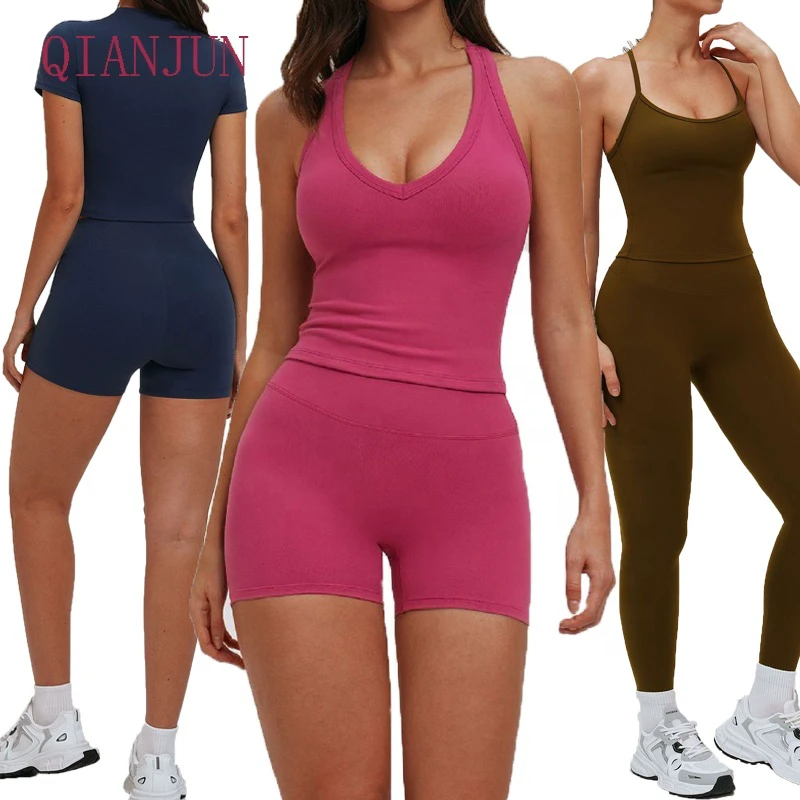 Custom Logo Solid Four-Way Stretch Gym Fitness Yoga Set for Women Workout Cross Back Shockproof Outdoor Running Yoga Set