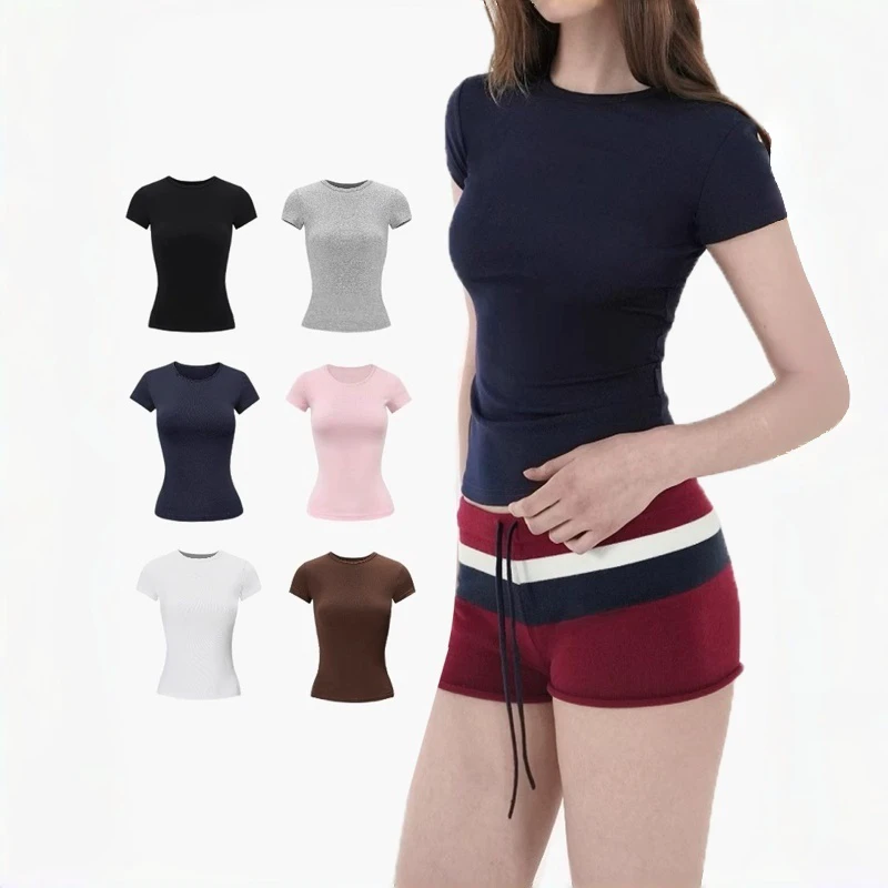 Top for Women Slim Fit Tshirt Tight T-shirt Crew Neck Fitness Sexy Solid Round Collar High Elastic Yoga Top Short Sleeves Casual