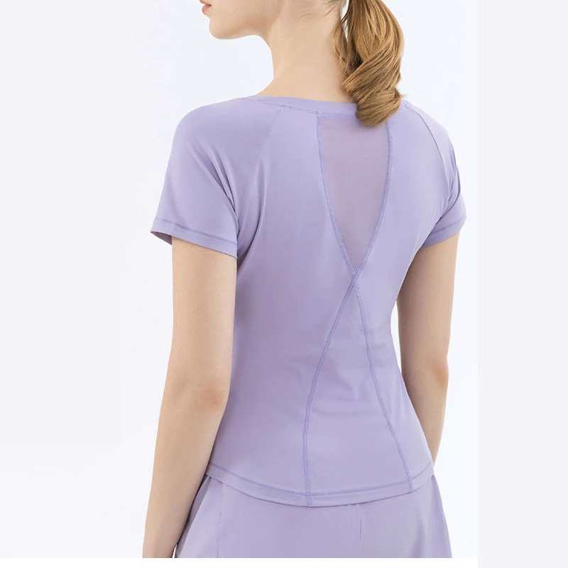 Summer Mesh Stitching Yoga Short Sleeve Sports Fitness T-shirt Women Round Neck Quick Drying Top Workout Clothing
