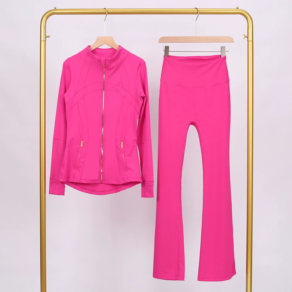 Women's 2-Piece Yoga Loungewear Set Solid Pattern Jogger Jacket Flare Pants Elastic Waist Closure Front Active Stretch Fall